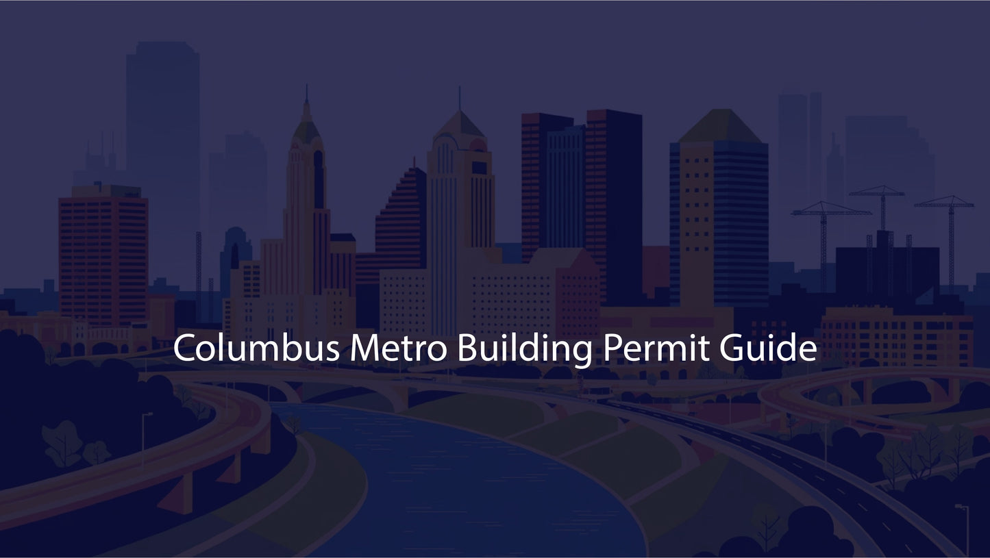 Cityscape with text 'Columbus Metro Building Permit Guide' on a dark background