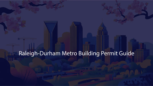 Cityscape with 'Raleigh-Durham Metro Building Permit Guide' text
