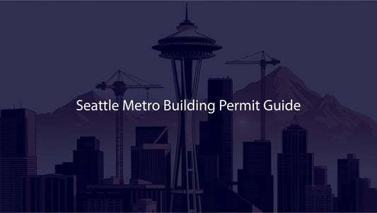 City skyline with the Space Needle and text 'Seattle Metro Building Permit Guide' on a dark background