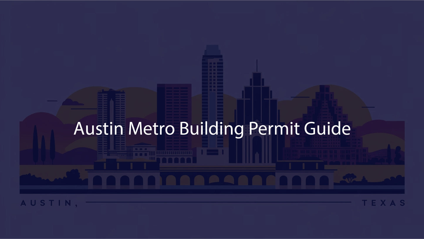 Silhouette of Austin, Texas skyline with 'Austin Metro Building Permit Guide' text on a dark background