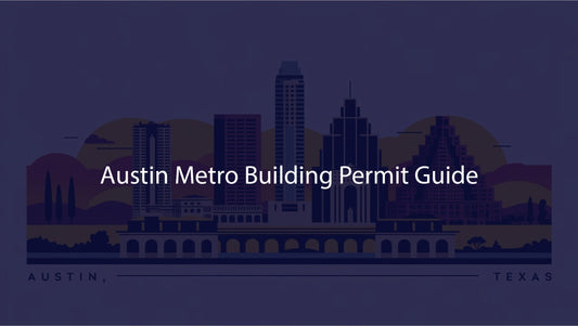 Silhouette of Austin, Texas skyline with 'Austin Metro Building Permit Guide' text on a dark background