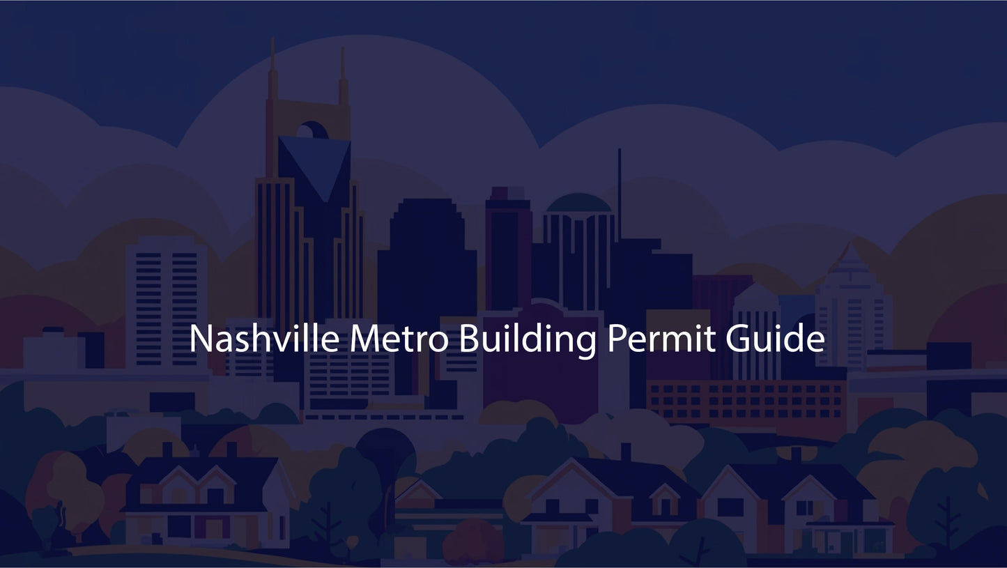 Nashville skyline with 'Nashville Metro Building Permit Guide' text on a dark blue background