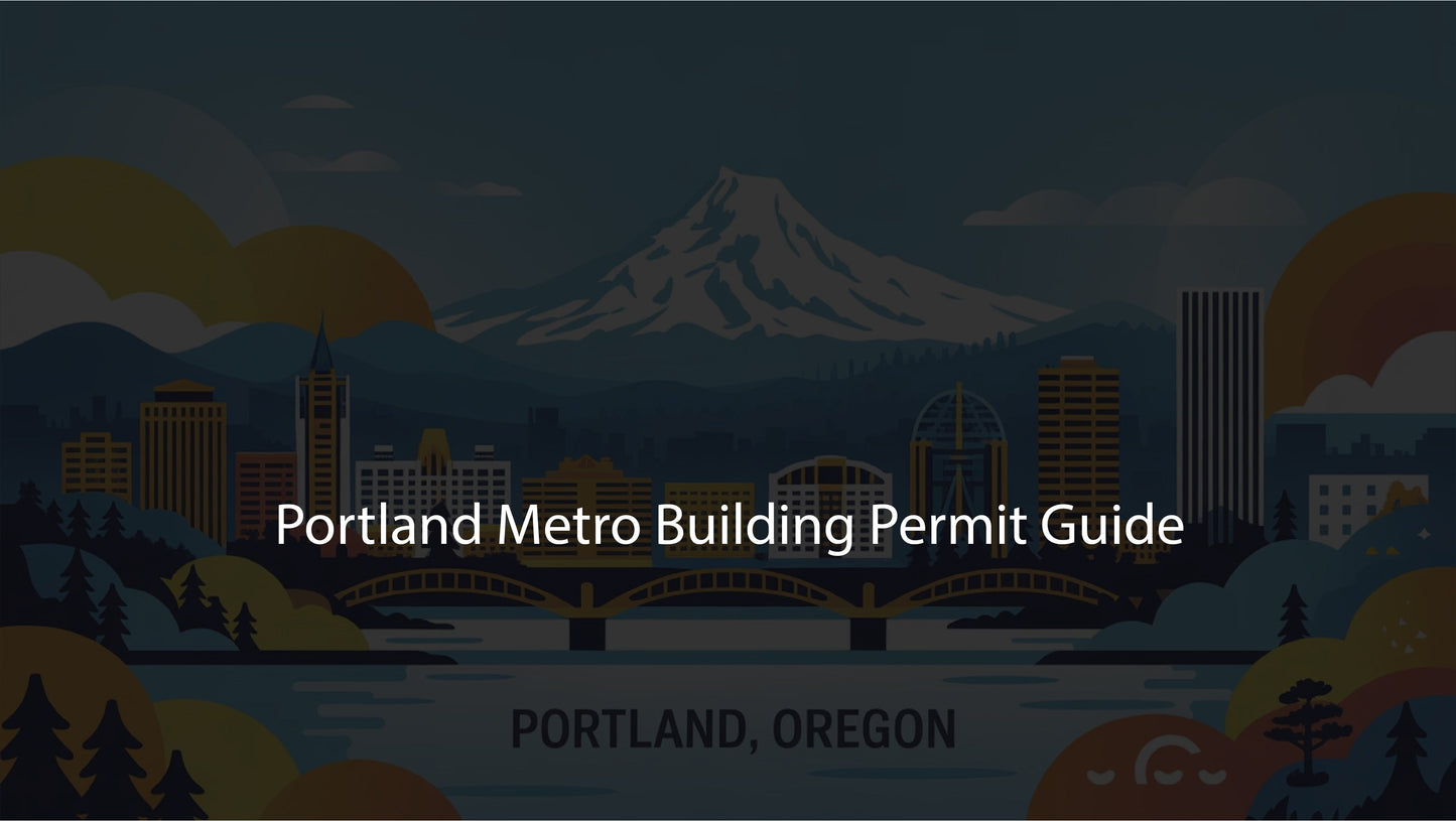 Illustrated cityscape of Portland, Oregon with mountains and a river, featuring text about the Portland Metro Building Permit Guide.