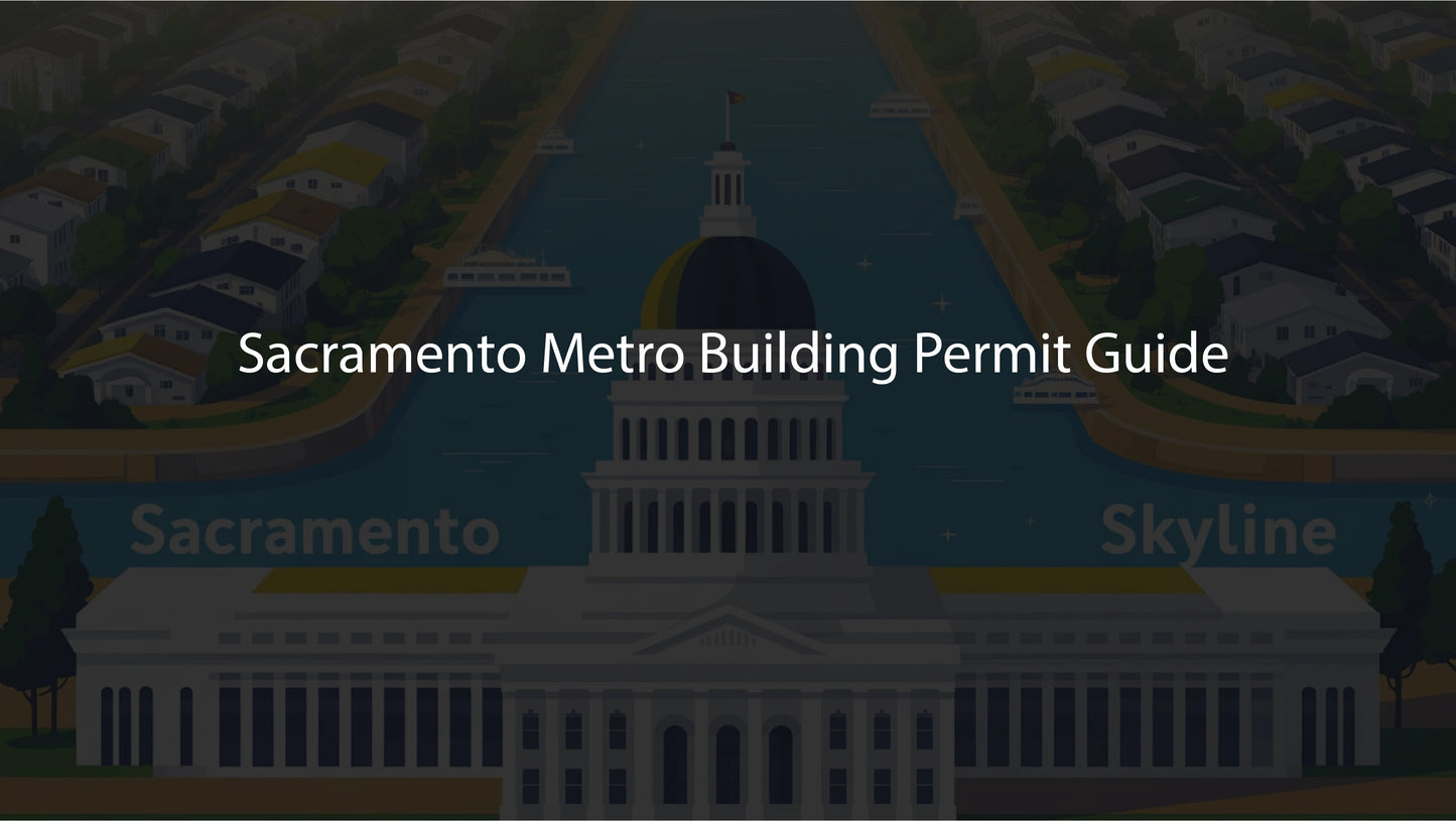 Title card for Sacramento Metro Building Permit Guide with a map and building illustration in the background.