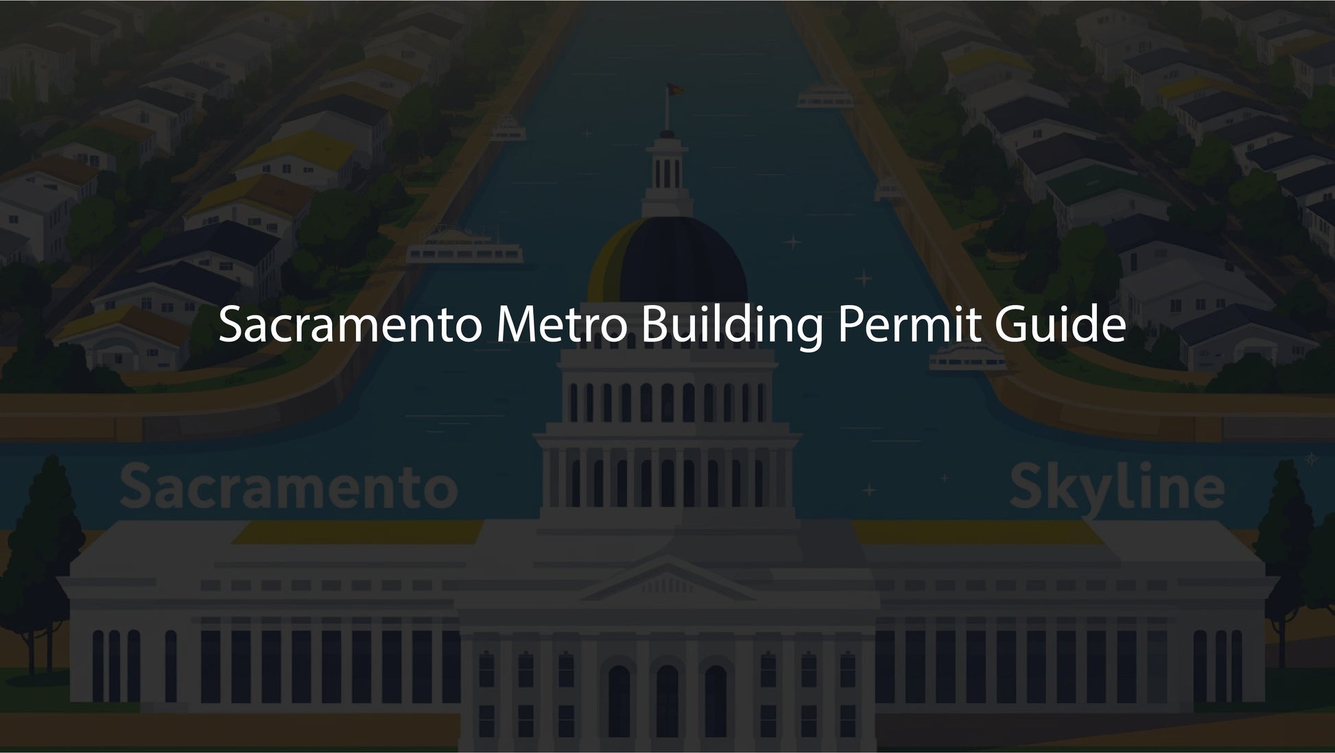 Title card for Sacramento Metro Building Permit Guide with a map and building illustration in the background.