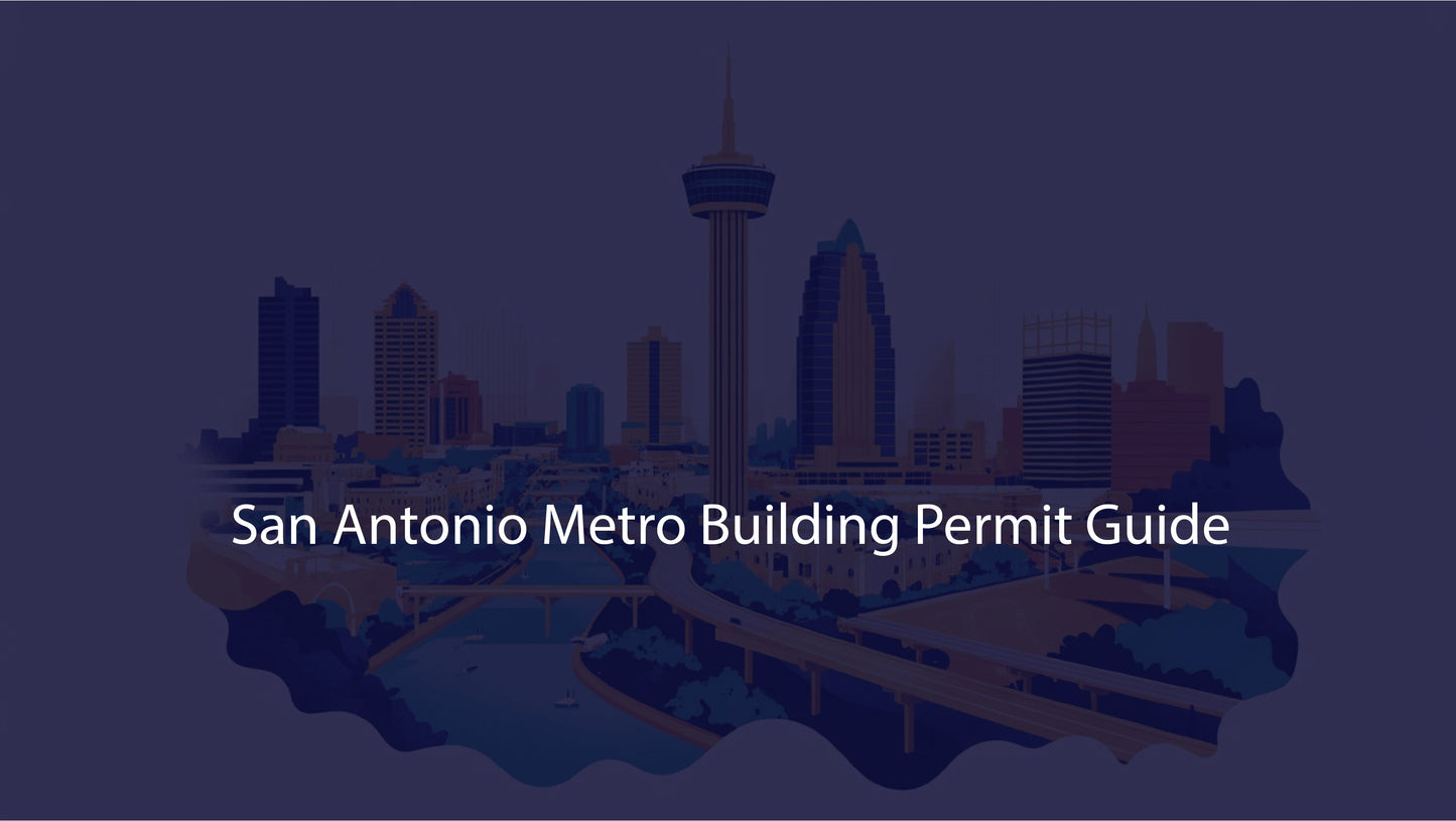 City skyline with 'San Antonio Metro Building Permit Guide' text on a dark blue background