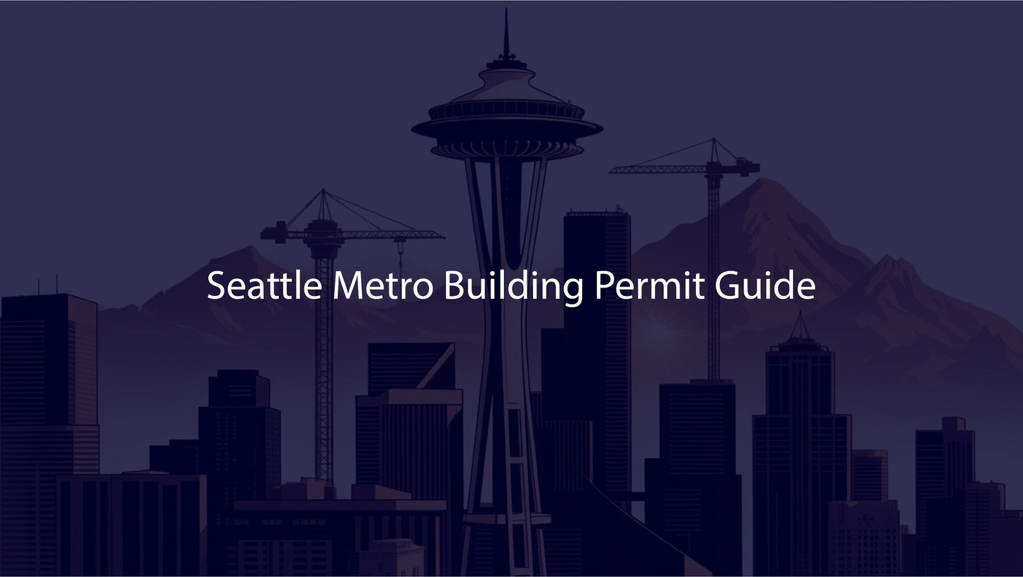 City skyline with the Space Needle and text 'Seattle Metro Building Permit Guide' on a dark background